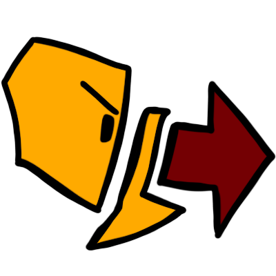 a frowning, angular yellow face viewed from the side, raising one finger. there is a red arrow pointing forward from it.